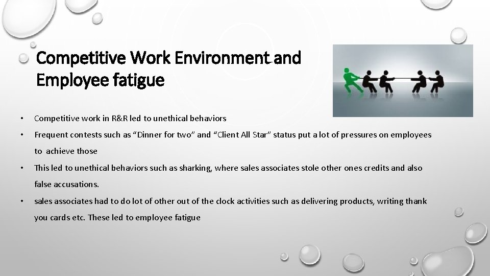 Competitive Work Environment and Employee fatigue • Competitive work in R&R led to unethical