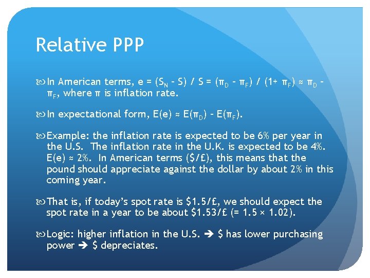 Relative PPP In American terms, e = (SN – S) / S = (πD
