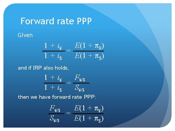 Forward rate PPP Given E(1 + ¥) 1 + i¥ = 1 + i$