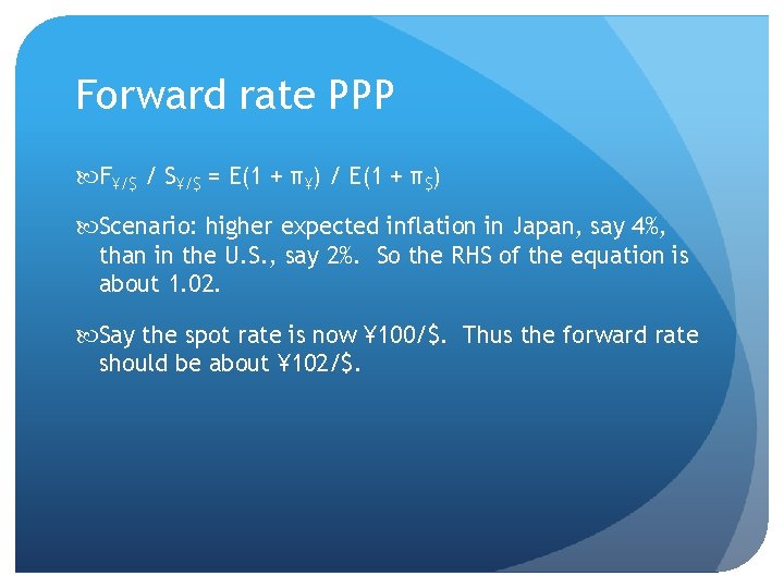 Forward rate PPP F¥/$ / S¥/$ = E(1 + π¥) / E(1 + π$)