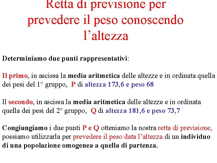 Retta di previsione per prevedere il peso conoscendo l’altezza Determiniamo due punti rappresentativi: Il
