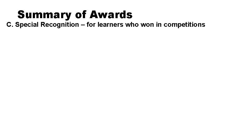 Summary of Awards C. Special Recognition – for learners who won in competitions 