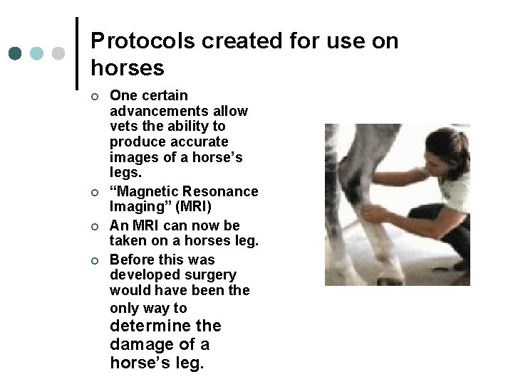 Protocols created for use on horses ¢ ¢ One certain advancements allow vets the