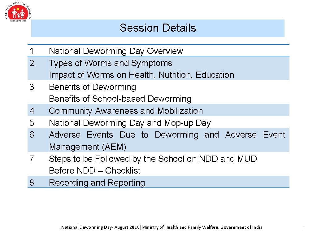 Session Details 1. National Deworming Day Overview 2. Types of Worms and Symptoms Impact