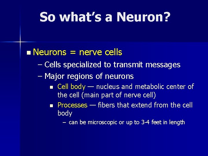 So what’s a Neuron? n Neurons = nerve cells – Cells specialized to transmit