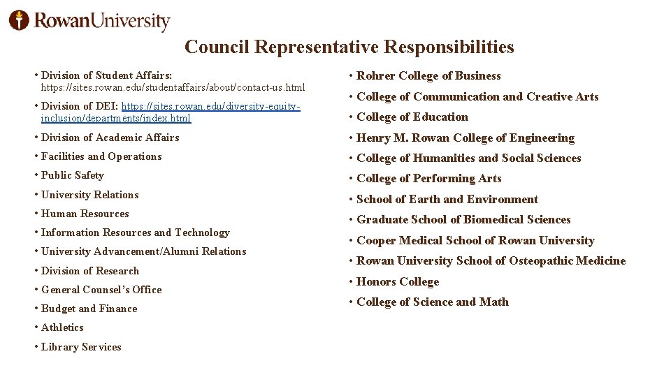 Council Representative Responsibilities • Division of Student Affairs: https: //sites. rowan. edu/studentaffairs/about/contact-us. html •