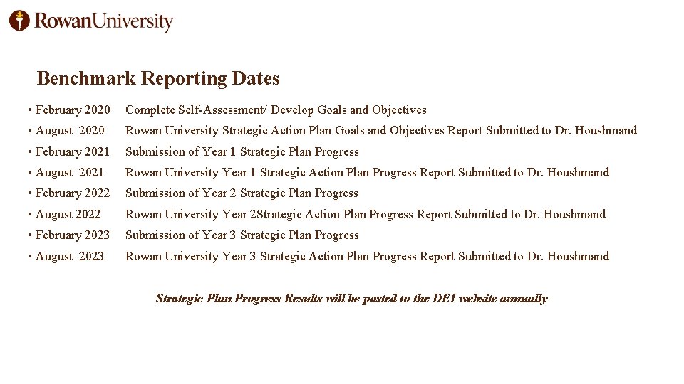 Benchmark Reporting Dates • February 2020 Complete Self-Assessment/ Develop Goals and Objectives • August