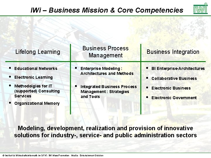 IWi – Business Mission & Core Competencies Lifelong Learning h Educational Networks h Electronic
