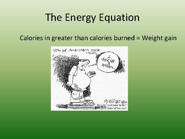 The Energy Equation Calories in greater than calories burned = Weight gain 