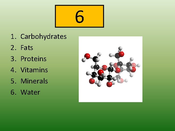 6 1. 2. 3. 4. 5. 6. Carbohydrates Fats Proteins Vitamins Minerals Water 