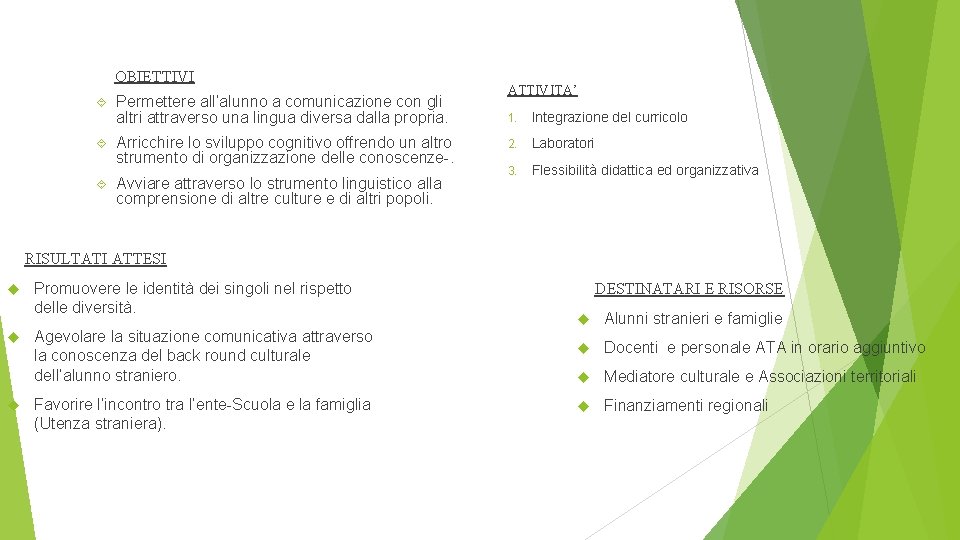 OBIETTIVI Permettere all’alunno a comunicazione con gli altri attraverso una lingua diversa dalla propria.