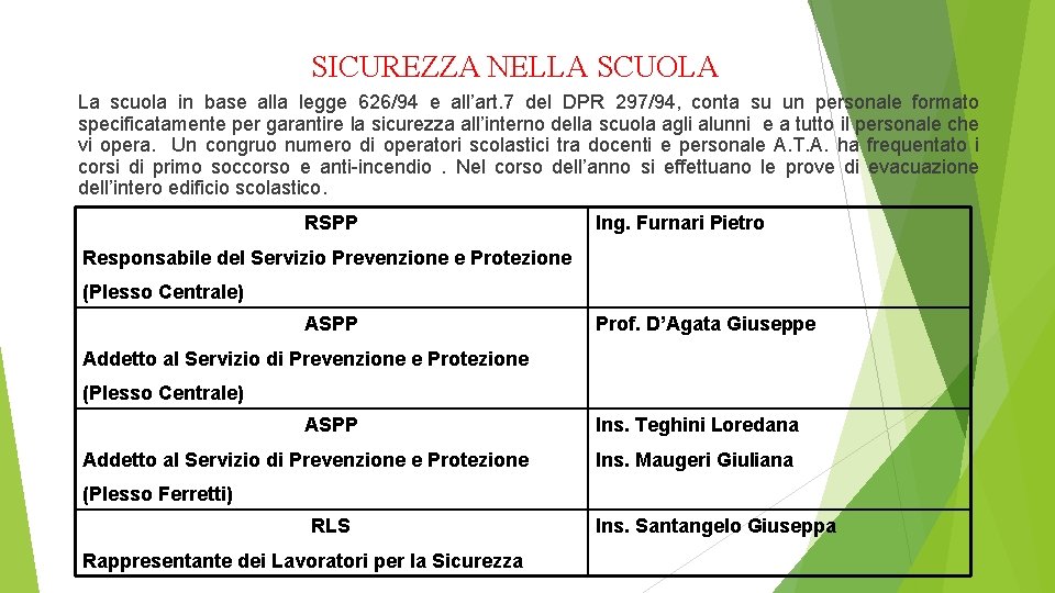 SICUREZZA NELLA SCUOLA La scuola in base alla legge 626/94 e all’art. 7 del