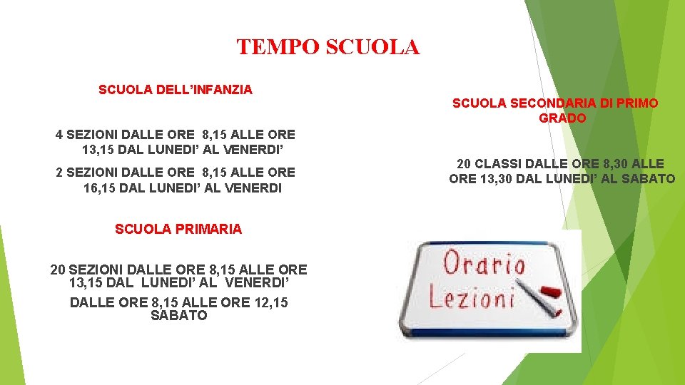 TEMPO SCUOLA DELL’INFANZIA 4 SEZIONI DALLE ORE 8, 15 ALLE ORE 13, 15 DAL