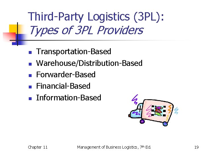 Third-Party Logistics (3 PL): Types of 3 PL Providers n n n Transportation-Based Warehouse/Distribution-Based