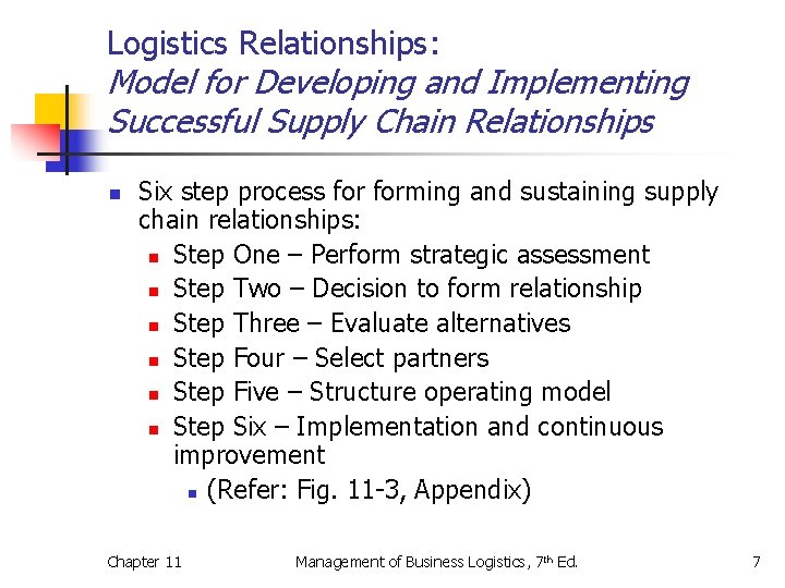 Logistics Relationships: Model for Developing and Implementing Successful Supply Chain Relationships n Six step