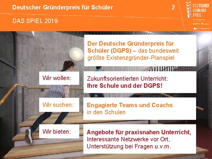 Deutscher Gründerpreis für Schüler 2 DAS SPIEL 2019 Der Deutsche Gründerpreis für Schüler (DGPS)
