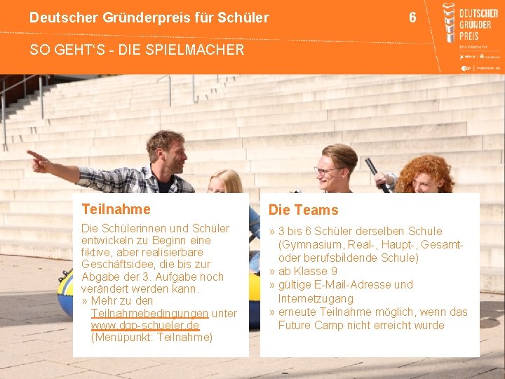 Deutscher Gründerpreis für Schüler 6 SO GEHT‘S - DIE SPIELMACHER Teilnahme Die Teams Die