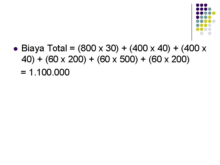 Biaya Total = (800 x 30) + (400 x 40) + (60 x 200)