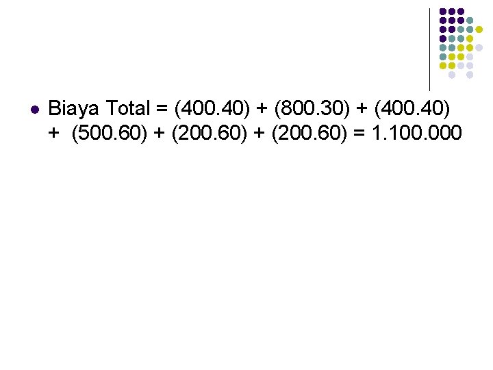 l Biaya Total = (400. 40) + (800. 30) + (400. 40) + (500.