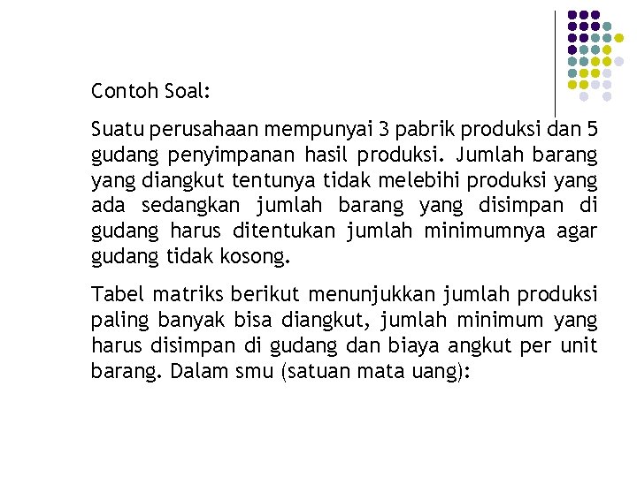 Contoh Soal: Suatu perusahaan mempunyai 3 pabrik produksi dan 5 gudang penyimpanan hasil produksi.