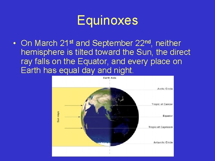 Equinoxes • On March 21 st and September 22 nd, neither hemisphere is tilted