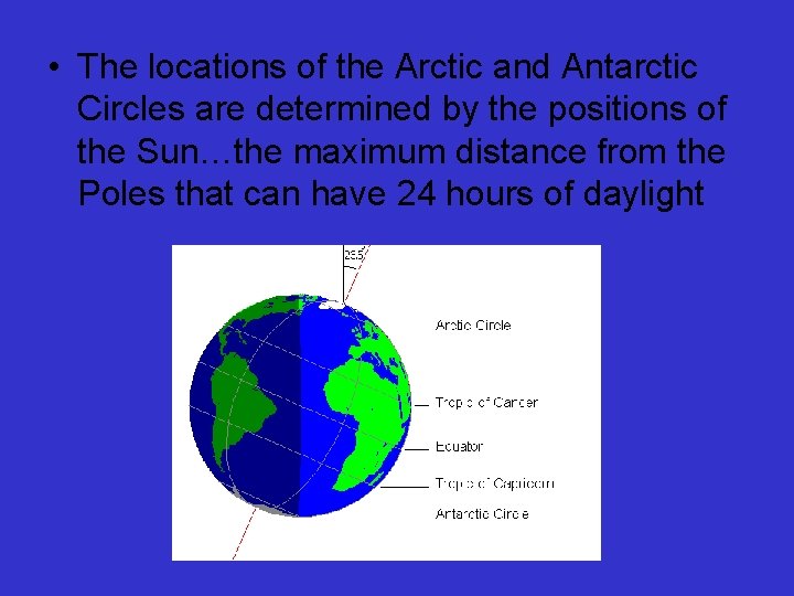  • The locations of the Arctic and Antarctic Circles are determined by the