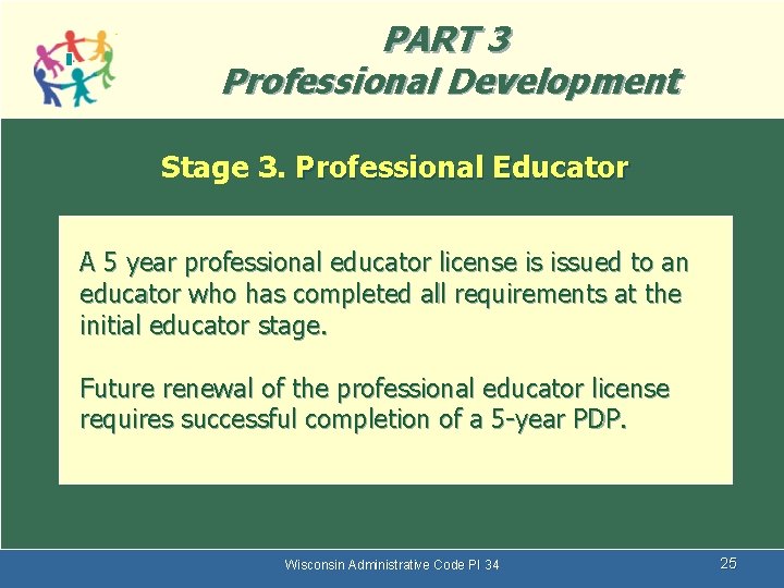 PART 3 Professional Development Stage 3. Professional Educator A 5 year professional educator license