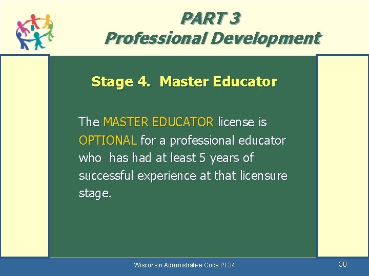 PART 3 Professional Development Stage 4. Master Educator The MASTER EDUCATOR license is OPTIONAL