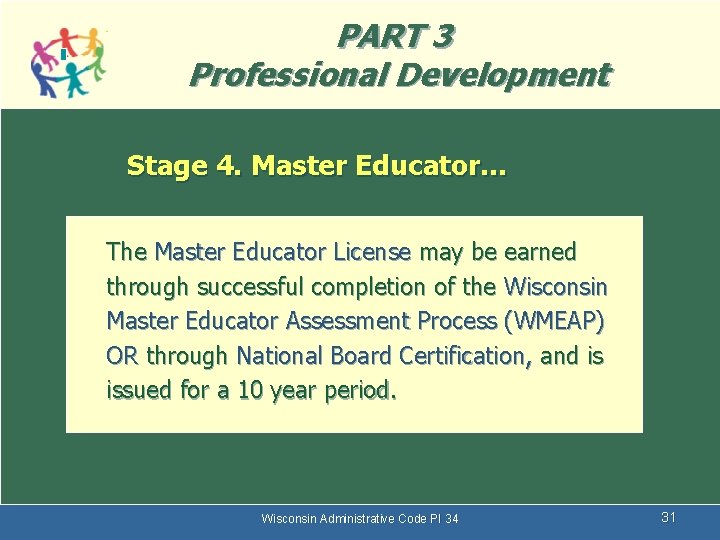 PART 3 Professional Development Stage 4. Master Educator… The Master Educator License may be