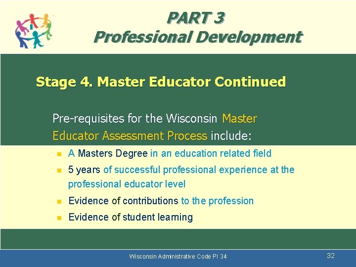 PART 3 Professional Development Stage 4. Master Educator Continued Pre-requisites for the Wisconsin Master