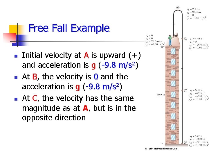 Free Fall Example n n n Initial velocity at A is upward (+) and