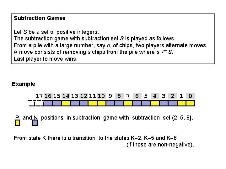 Subtraction Games Let S be a set of positive integers. The subtraction game with