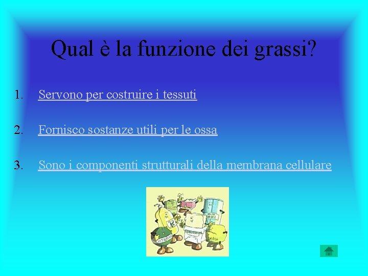 Qual è la funzione dei grassi? 1. Servono per costruire i tessuti 2. Fornisco