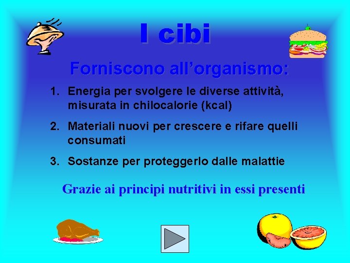 I cibi Forniscono all’organismo: 1. Energia per svolgere le diverse attività, misurata in chilocalorie