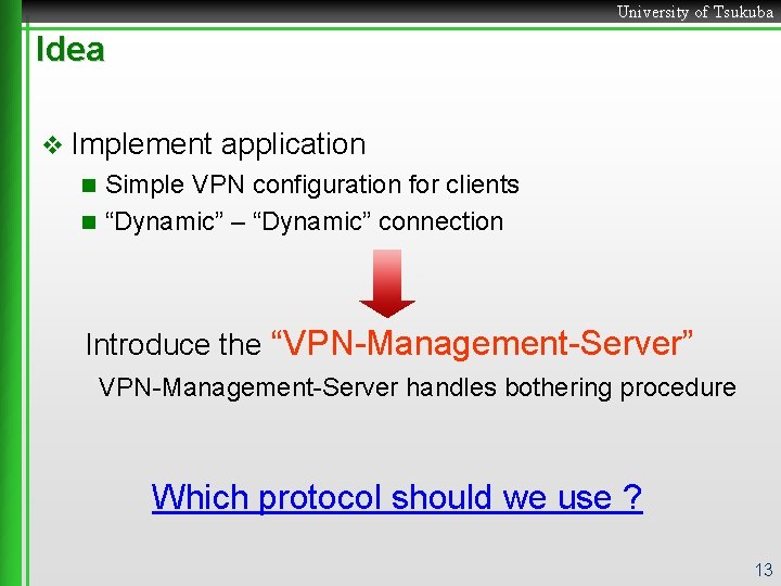 University of Tsukuba Idea v Implement application Simple VPN configuration for clients n “Dynamic”