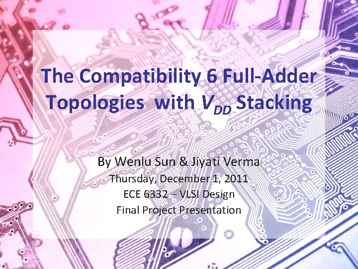 The Compatibility 6 Full-Adder Topologies with VDD Stacking By Wenlu Sun & Jiyati Verma