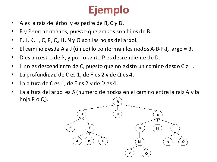 Ejemplo • • • A es la raíz del árbol y es padre de