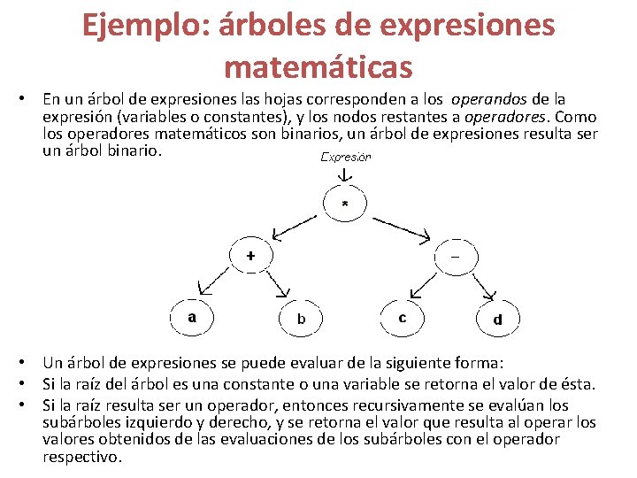 Ejemplo: árboles de expresiones matemáticas • En un árbol de expresiones las hojas corresponden