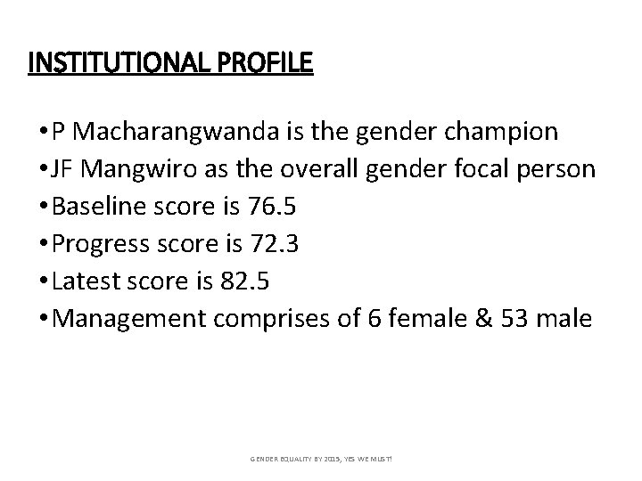 INSTITUTIONAL PROFILE • P Macharangwanda is the gender champion • JF Mangwiro as the