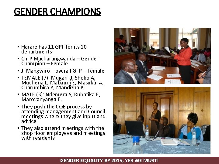 GENDER CHAMPIONS • Harare has 11 GPF for its 10 departments • Clr P