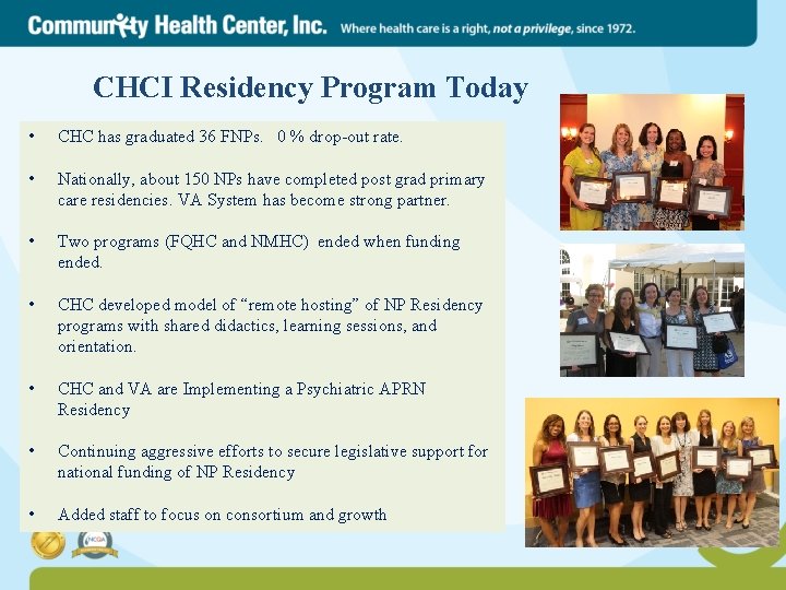 CHCI Residency Program Today • CHC has graduated 36 FNPs. 0 % drop-out rate.