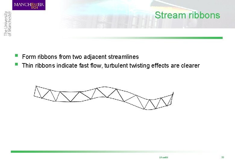 Stream ribbons § § Form ribbons from two adjacent streamlines Thin ribbons indicate fast