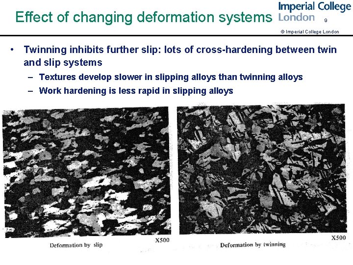 Effect of changing deformation systems 9 © Imperial College London • Twinning inhibits further