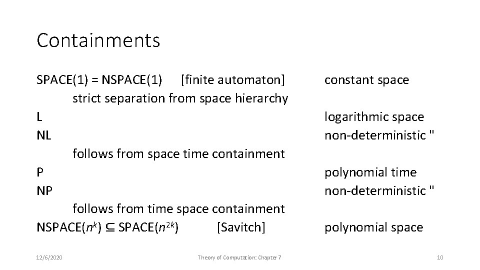 Containments SPACE(1) = NSPACE(1) [finite automaton] strict separation from space hierarchy L NL follows