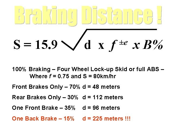 S = 15. 9 d x f ±e x B% 100% Braking – Four