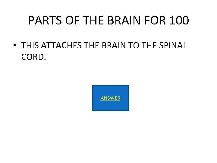 PARTS OF THE BRAIN FOR 100 • THIS ATTACHES THE BRAIN TO THE SPINAL