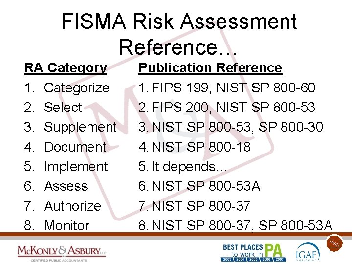 FISMA Risk Assessment Reference… RA Category 1. Categorize 2. Select 3. Supplement 4. Document