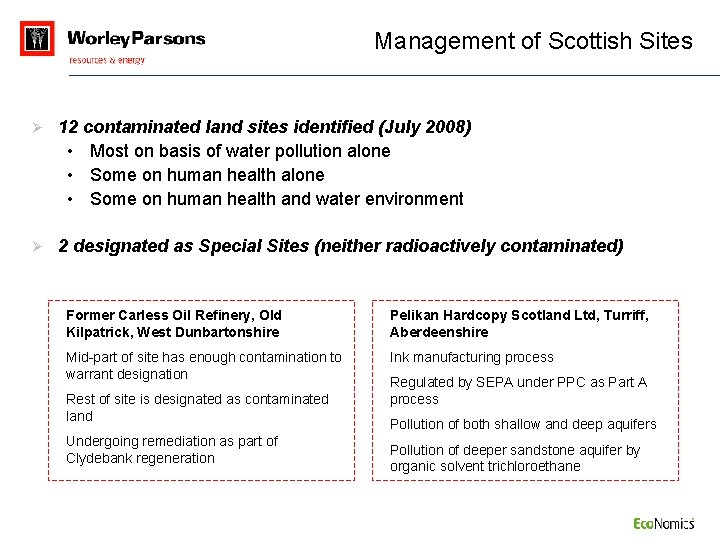 Management of Scottish Sites Ø 12 contaminated land sites identified (July 2008) • Most