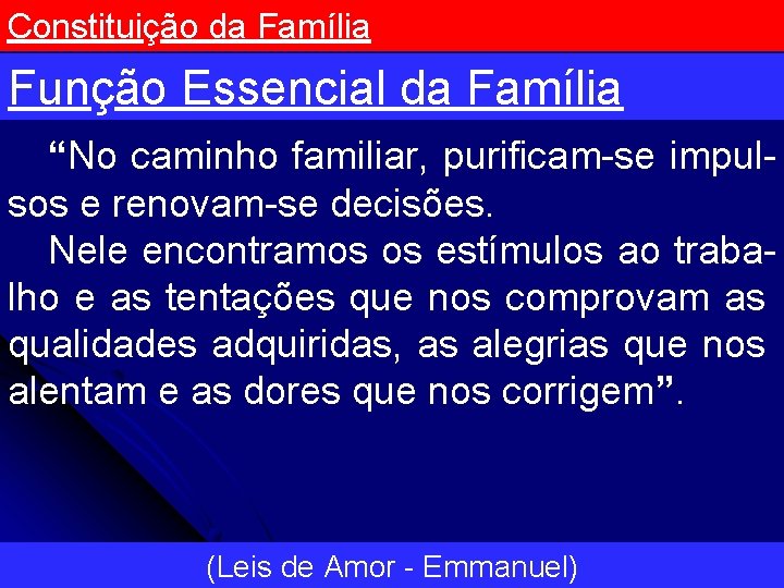 Constituição da Família Função Essencial da Família “No caminho familiar, purificam-se impulsos e renovam-se