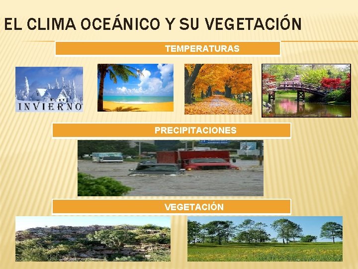EL CLIMA OCEÁNICO Y SU VEGETACIÓN TEMPERATURAS PRECIPITACIONES VEGETACIÓN EL CLIMA OCEÁNICO Y SU VEGETACIÓN TEMPERATURAS PRECIPITACIONES VEGETACIÓN